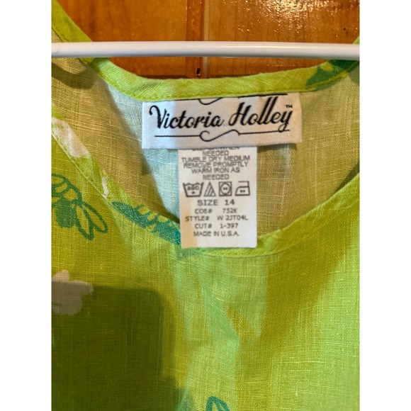 Victoria Holley Floral Linen Dress Green White Blue Size 14 Sleeveless Summer - Picture 3 of 5